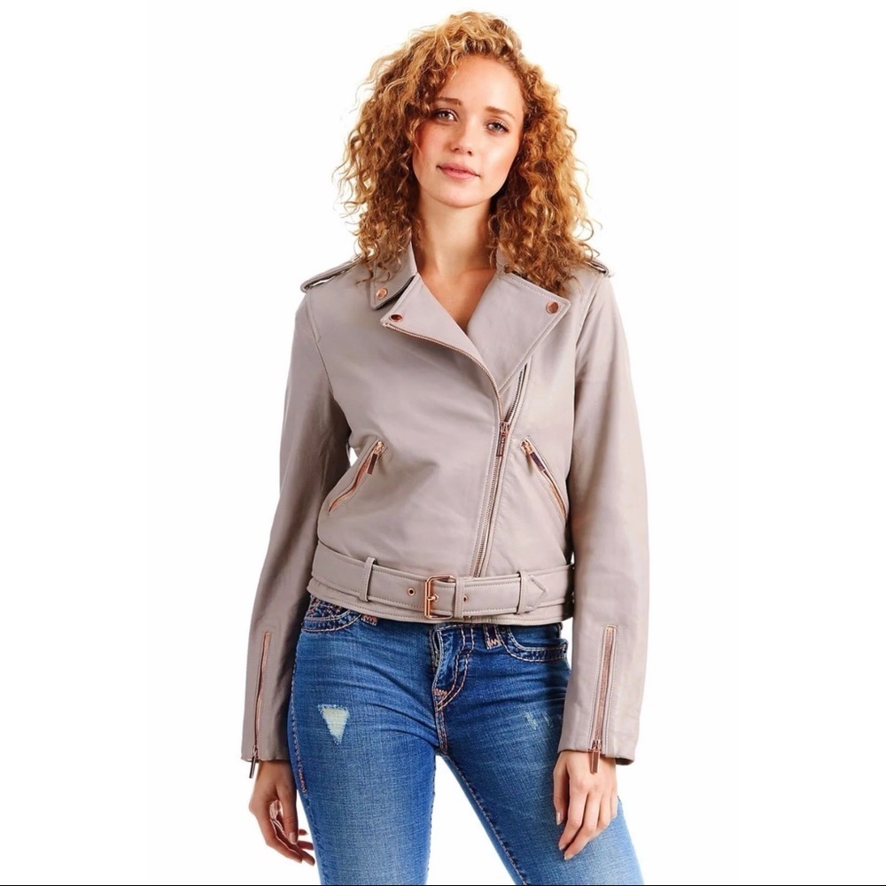 $495‼️TRUE RELIGION SHEEP LEATHER MOTO JACKET CROPPED Mauve Motorcycle Luxury XS